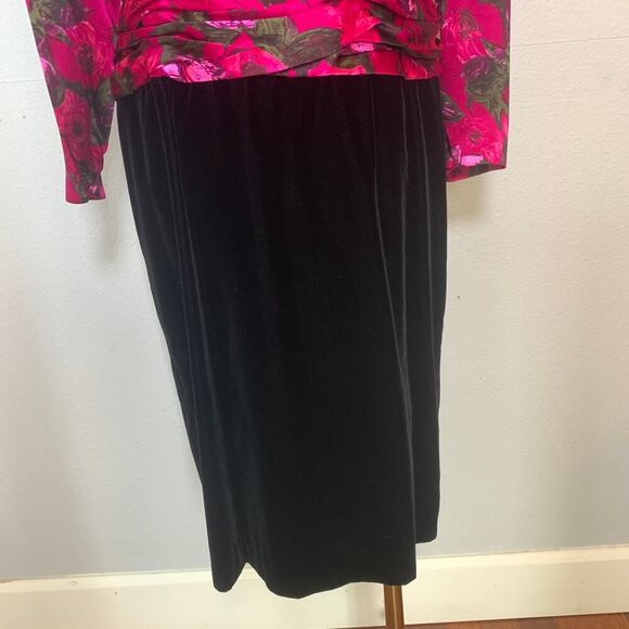 Silk Studios 80s Floral Velvet Dress Long Sleeve Ruched Midi Black Pink Size 10 - Picture 5 of 11